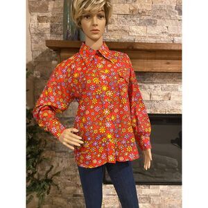 Vintage 60s/70s SKITIQUE Floral Ski Blouse Dog Ear Collar Made In Japan Groovy M